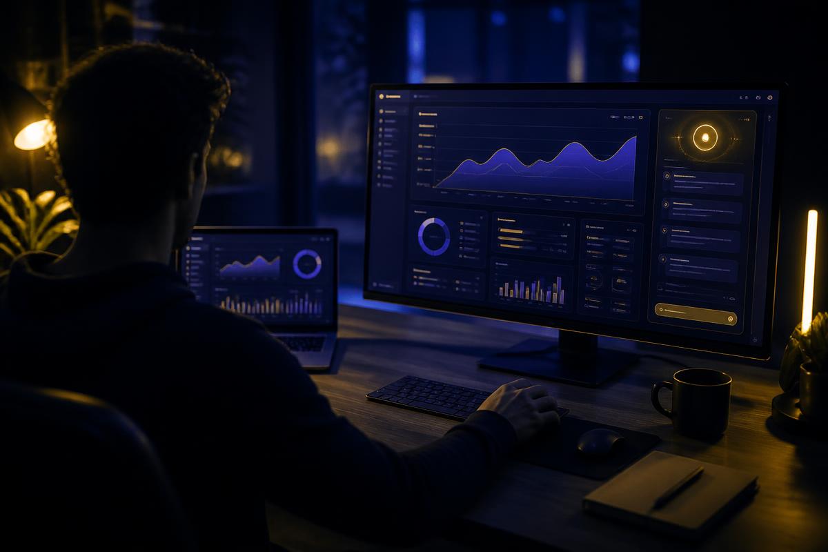 Créateur travaillant la nuit sur le tableau de bord de son SaaS généré avec l'IA